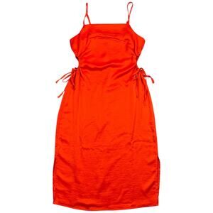 Christian Lacroix Orange Red Midi Dress Side Tie Ruched Slip Satin Look - M